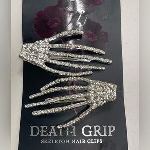 Death Grip Rhinestone Skeleton Hand Hair Clips - Silver Sparkle